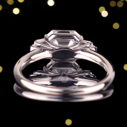Celebrity Style Asscher & Baguette Moissanite Ring – Five-Stone Half Bezel Engagement & Wedding Ring
