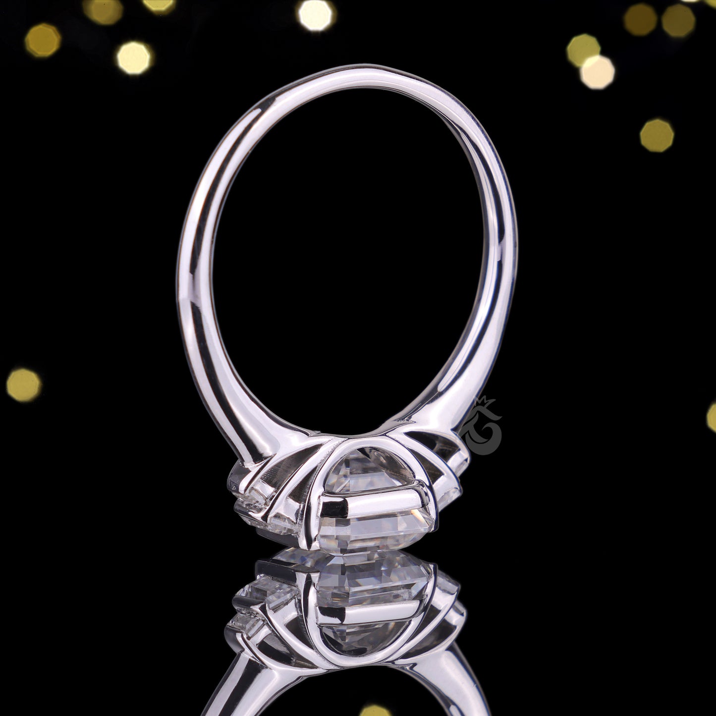 Celebrity Style Asscher & Baguette Moissanite Ring – Five-Stone Half Bezel Engagement & Wedding Ring