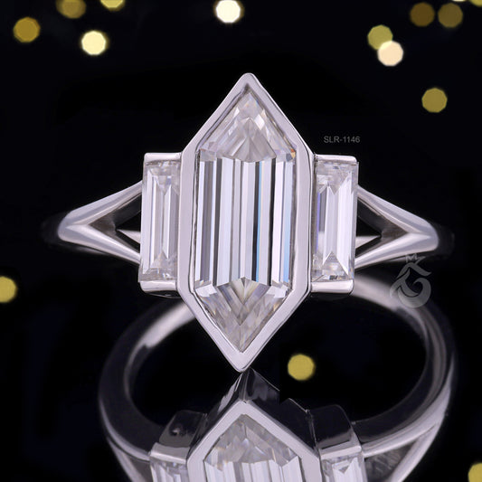 Long Hexagon Cut Moissanite Ring – 14K Gold Bezel Set Three-Stone Split Shank Wedding Ring