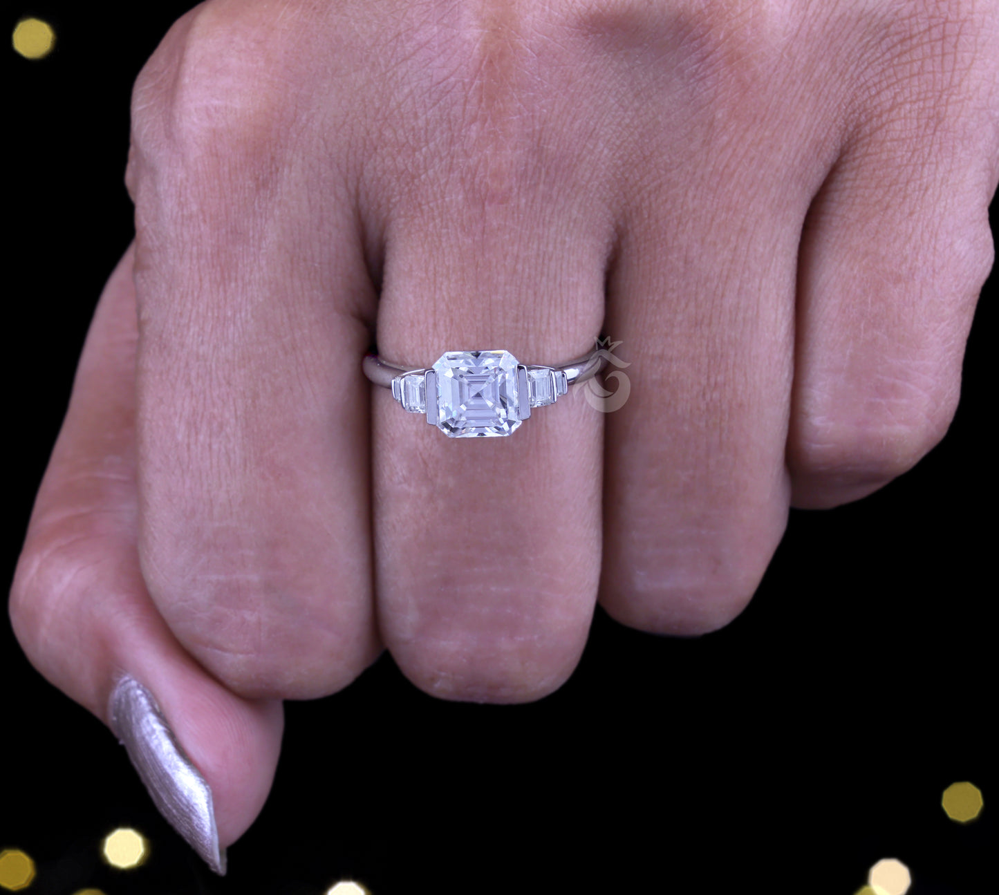 Celebrity Style Asscher & Baguette Moissanite Ring – Five-Stone Half Bezel Engagement & Wedding Ring