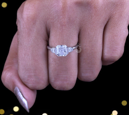 Celebrity Style Asscher & Baguette Moissanite Ring – Five-Stone Half Bezel Engagement & Wedding Ring