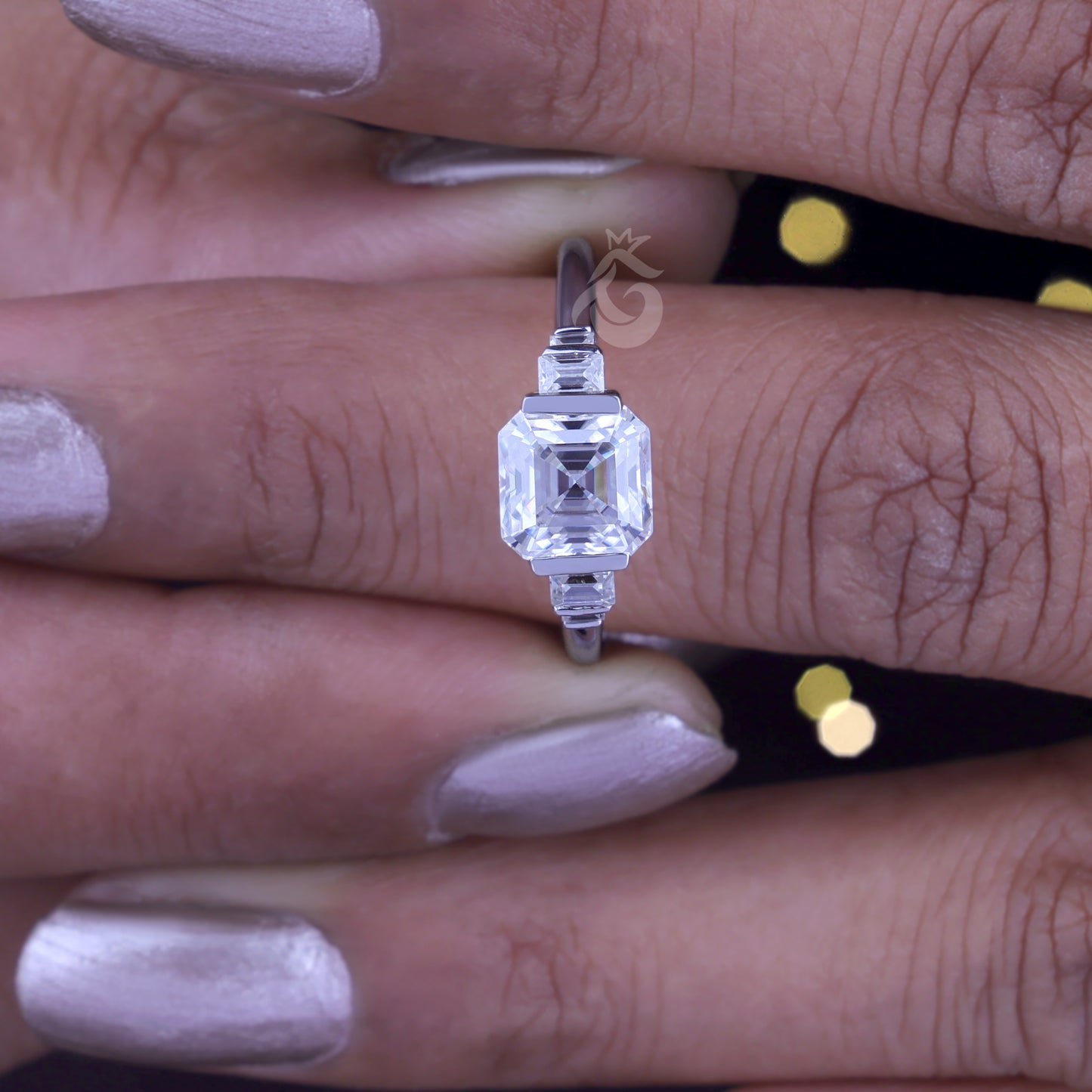 Celebrity Style Asscher & Baguette Moissanite Ring – Five-Stone Half Bezel Engagement & Wedding Ring