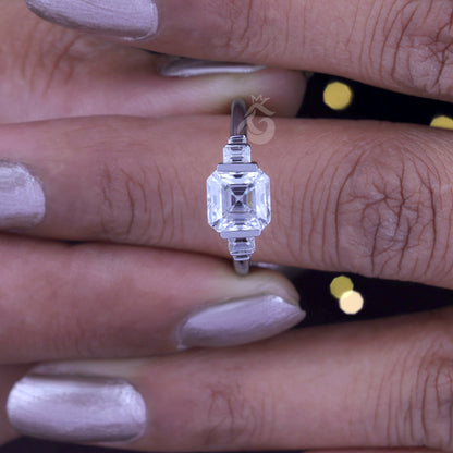 Celebrity Style Asscher & Baguette Moissanite Ring – Five-Stone Half Bezel Engagement & Wedding Ring