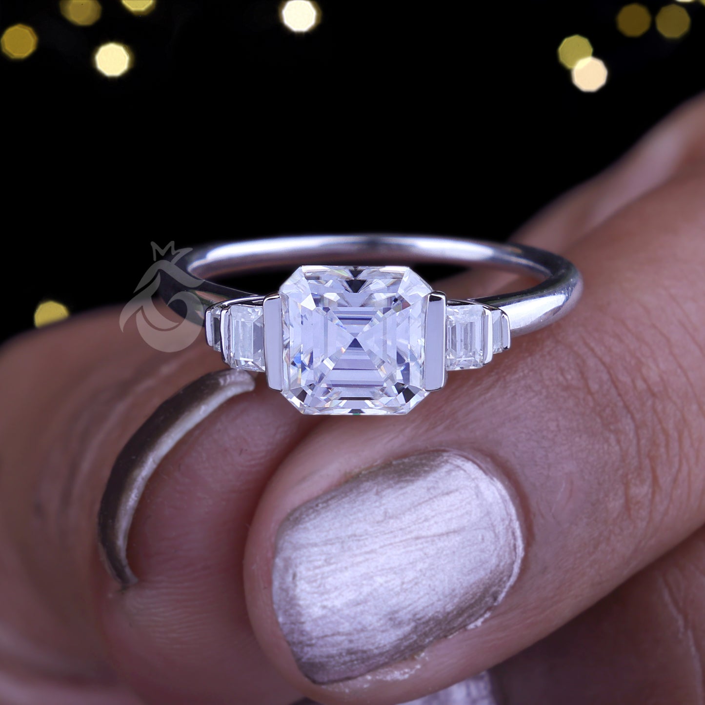 Celebrity Style Asscher & Baguette Moissanite Ring – Five-Stone Half Bezel Engagement & Wedding Ring