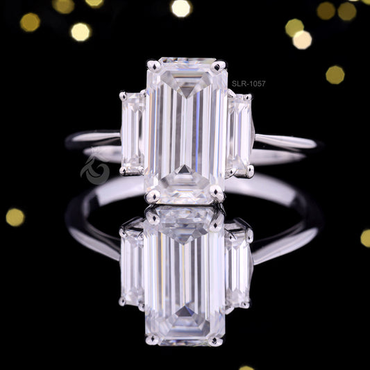Emerald Cut Three-Stone Moissanite Ring – 14K Gold Baguette Side Stone Engagement & Wedding Ring