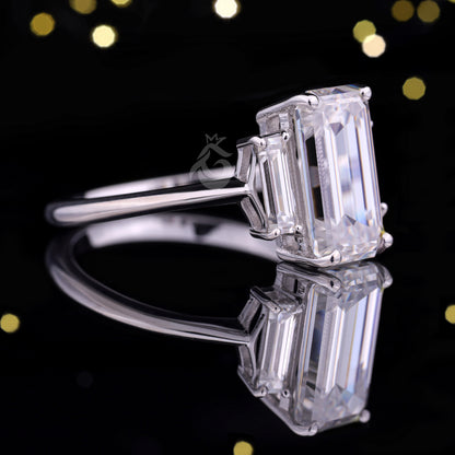 Emerald Cut Three-Stone Moissanite Ring – 14K Gold Baguette Side Stone Engagement & Wedding Ring