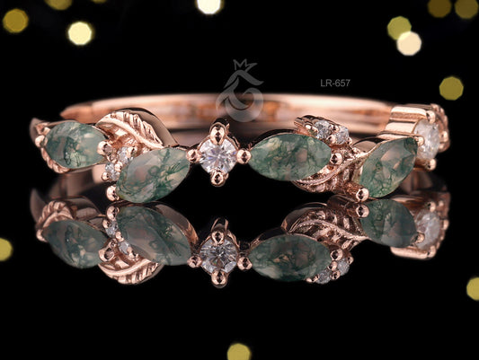 Marquise Cut Moss Agate Wedding Band, 10K Rose Gold Leaf Ring, Round Moissanite Dainty Promise Anniversary Band