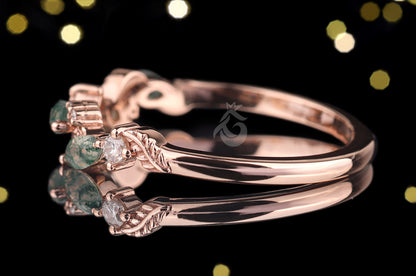 Marquise Cut Moss Agate Wedding Band, 10K Rose Gold Leaf Ring, Round Moissanite Dainty Promise Anniversary Band