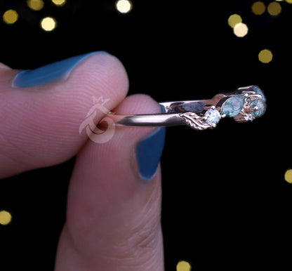 Marquise Cut Moss Agate Wedding Band, 10K Rose Gold Leaf Ring, Round Moissanite Dainty Promise Anniversary Band