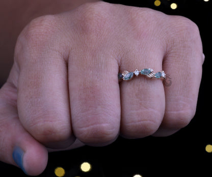 Marquise Cut Moss Agate Wedding Band, 10K Rose Gold Leaf Ring, Round Moissanite Dainty Promise Anniversary Band