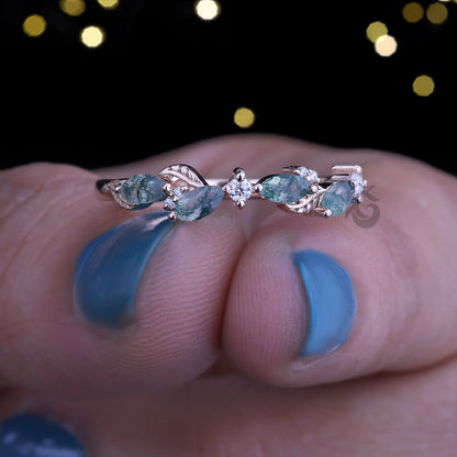 Marquise Cut Moss Agate Wedding Band, 10K Rose Gold Leaf Ring, Round Moissanite Dainty Promise Anniversary Band