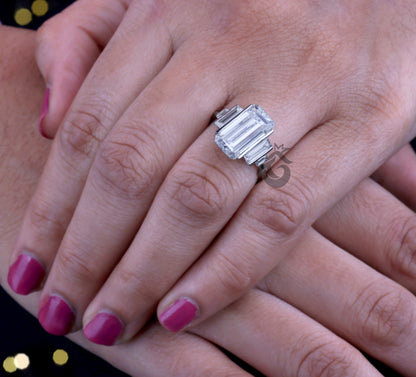 Antique Emerald Moissanite Engagement Ring, 14K White Gold, Long Emerald & Baguette Five Stone Wedding Ring