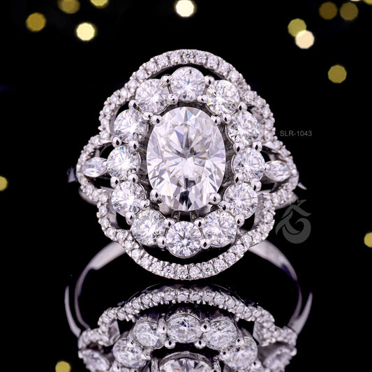 Oval Halo Moissanite Engagement Ring – 14K Gold Marquise Side Stone Bridal Ring