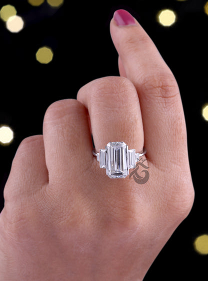 Antique Emerald Moissanite Engagement Ring, 14K White Gold, Long Emerald & Baguette Five Stone Wedding Ring