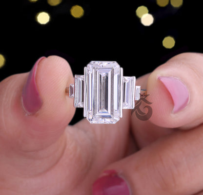 Antique Emerald Moissanite Engagement Ring, 14K White Gold, Long Emerald & Baguette Five Stone Wedding Ring