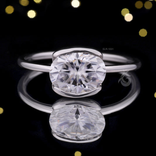 1.67CT East-West Oval Moissanite Solitaire Ring – Half Bezel Set 10K/14K/18K White Gold Engagement Ring