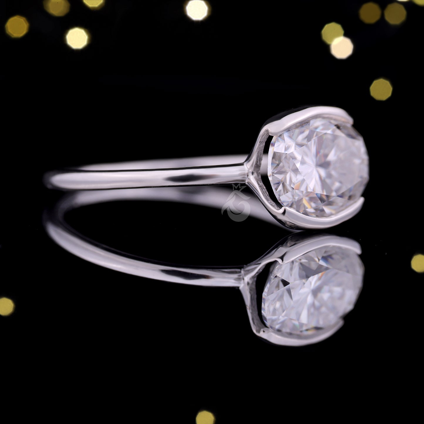 1.67CT East-West Oval Moissanite Solitaire Ring – Half Bezel Set 10K/14K/18K White Gold Engagement Ring