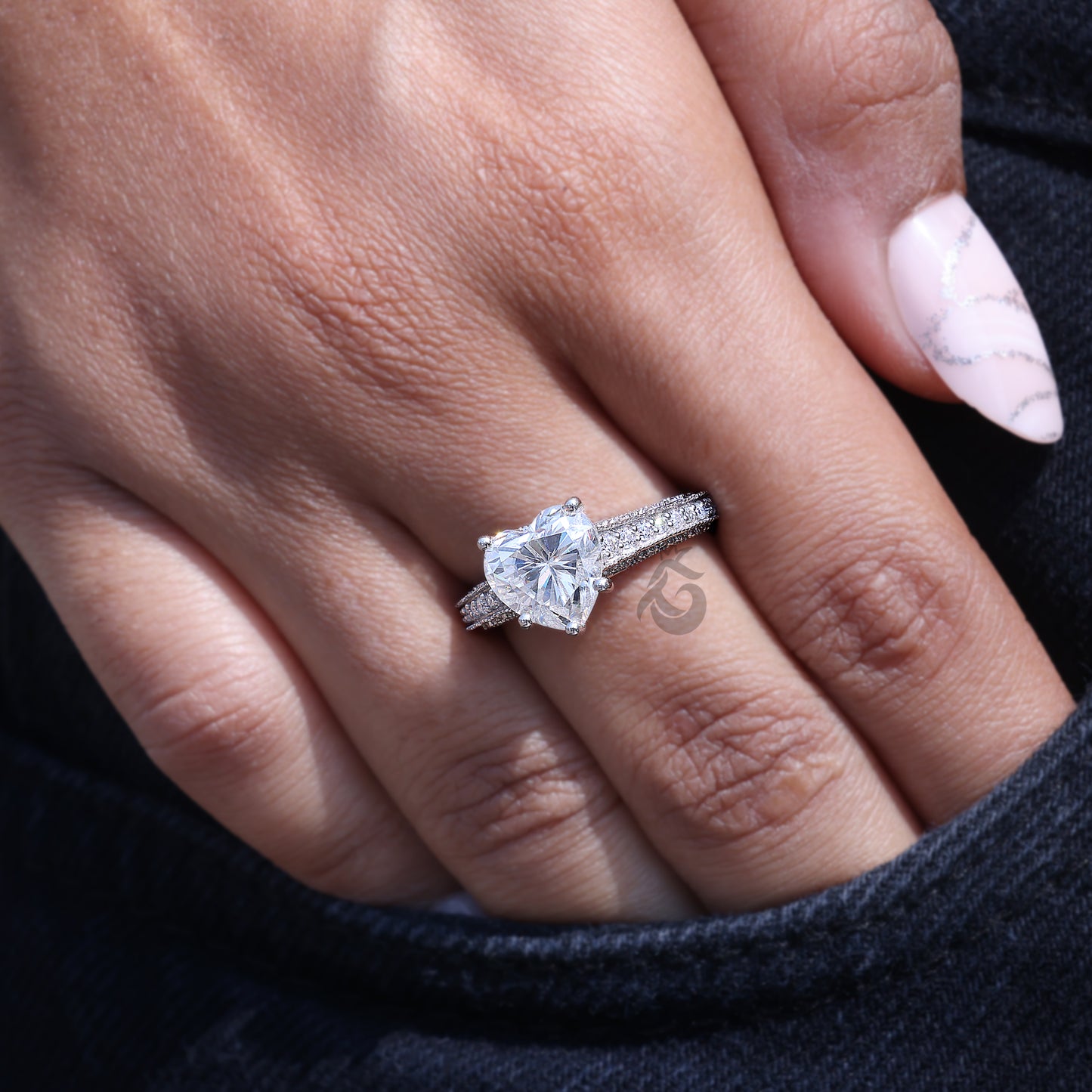 2.58CT Heart Cut Moissanite Engagement Ring, Three-Sided Pave, 14K White Gold