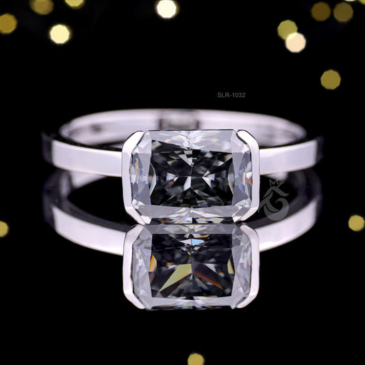 East-West 2.47CT Fancy Gray Radiant Moissanite Ring – 14K White Gold Half Bezel Solitaire Engagement Ring
