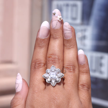3.30 TCW Flower Cut Moissanite Ring, Pear Halo, Vintage Style