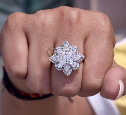 3.30 TCW Flower Cut Moissanite Ring, Pear Halo, Vintage Style