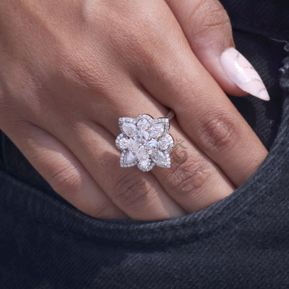 3.30 TCW Flower Cut Moissanite Ring, Pear Halo, Vintage Style