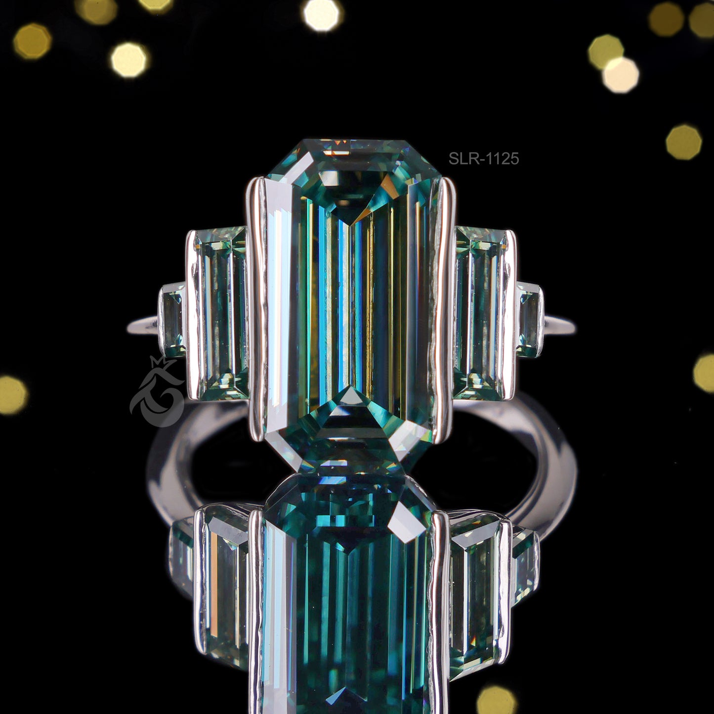 Emerald & Baguette Green Moissanite Ring – 925 Art Deco Five-Stone Engagement Ring