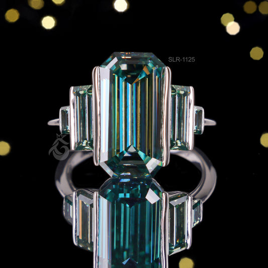 Emerald & Baguette Green Moissanite Ring – 925 Art Deco Five-Stone Engagement Ring