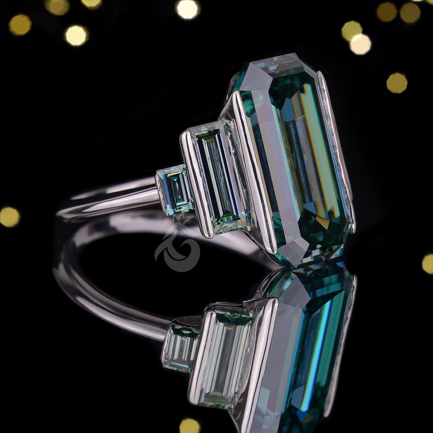 Emerald & Baguette Green Moissanite Ring – 925 Art Deco Five-Stone Engagement Ring