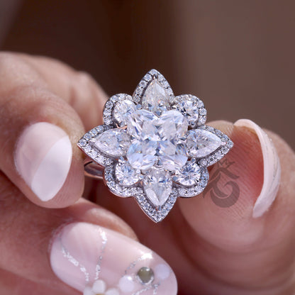 3.30 TCW Flower Cut Moissanite Ring, Pear Halo, Vintage Style