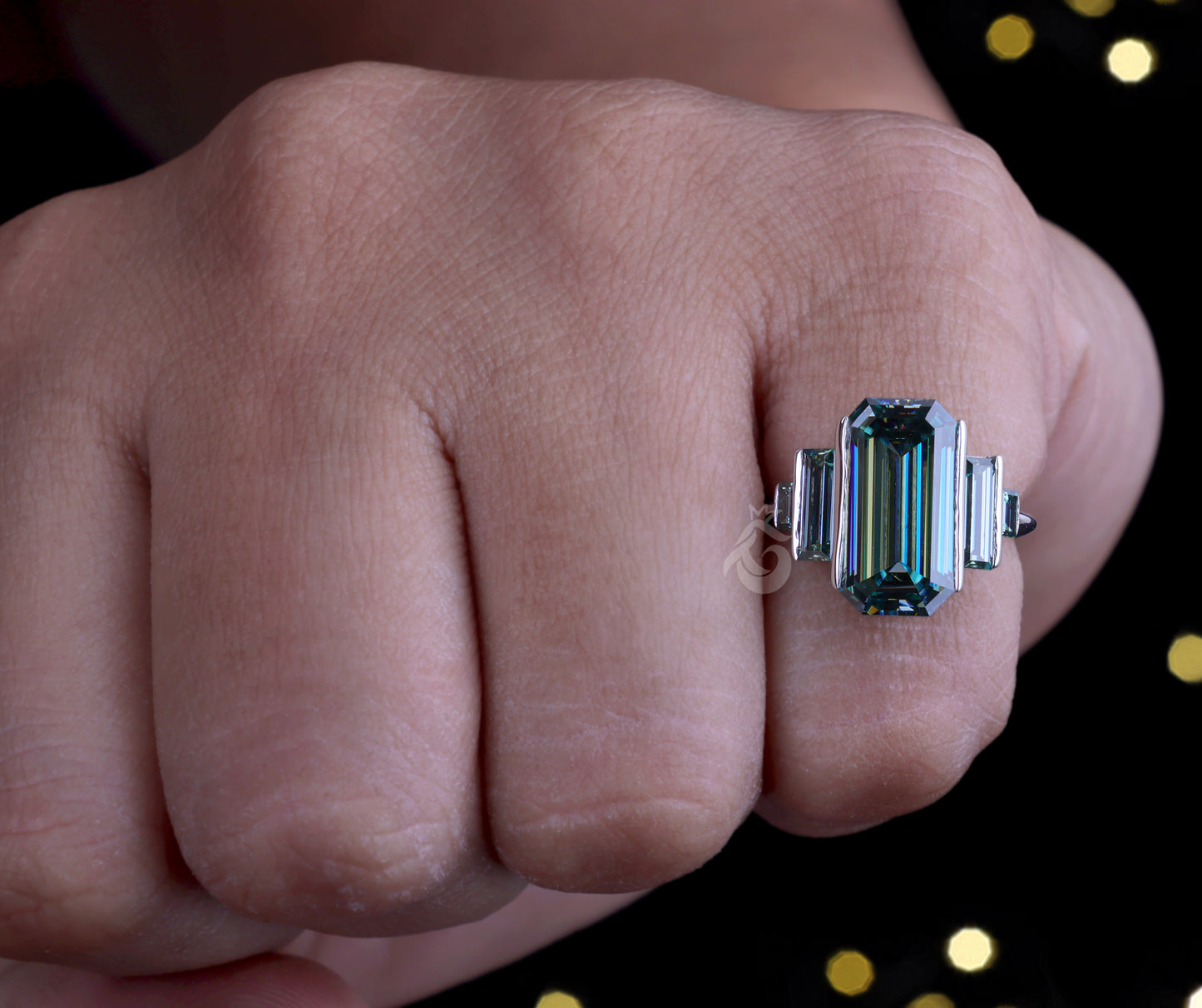 Emerald & Baguette Green Moissanite Ring – 925 Art Deco Five-Stone Engagement Ring