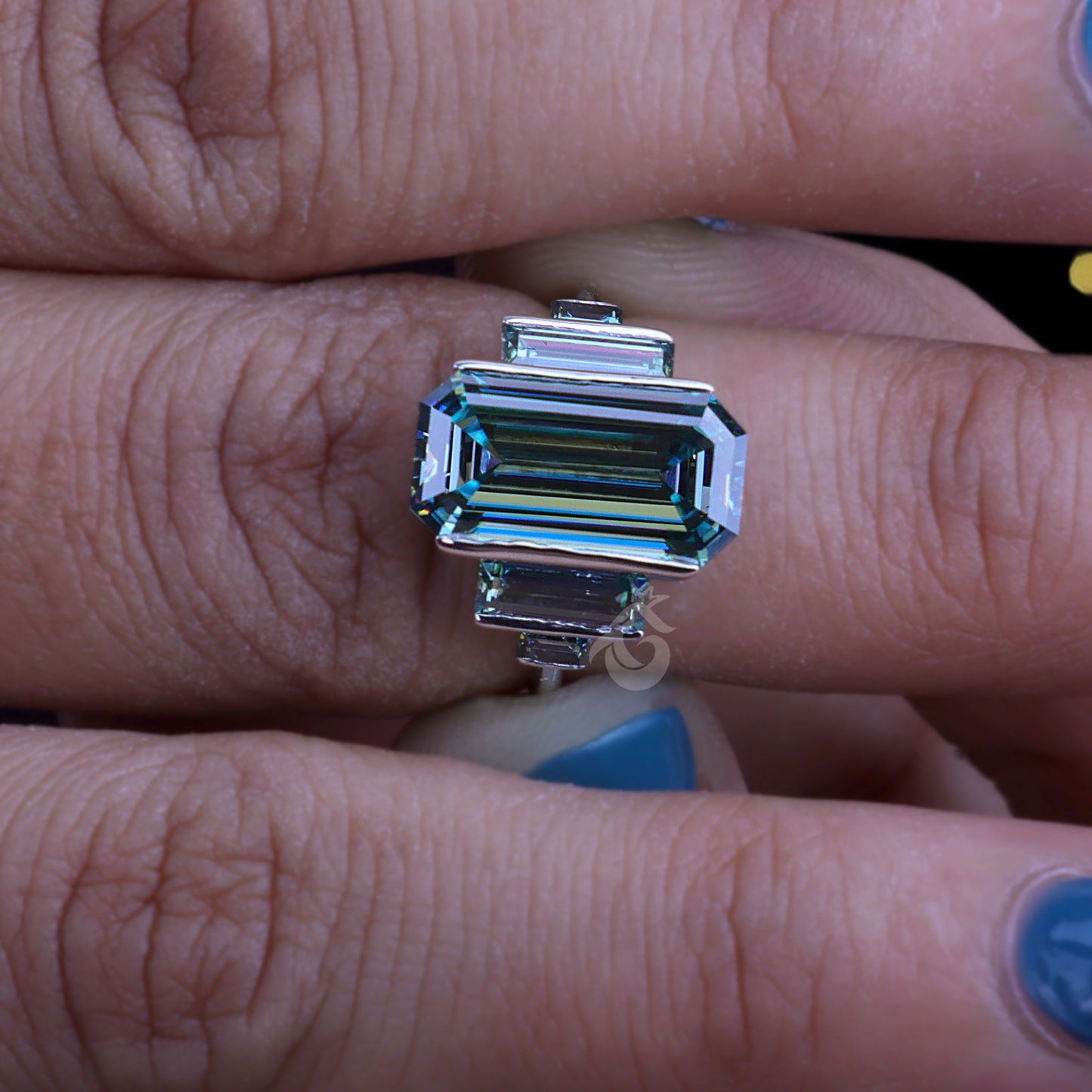 Emerald & Baguette Green Moissanite Ring – 925 Art Deco Five-Stone Engagement Ring