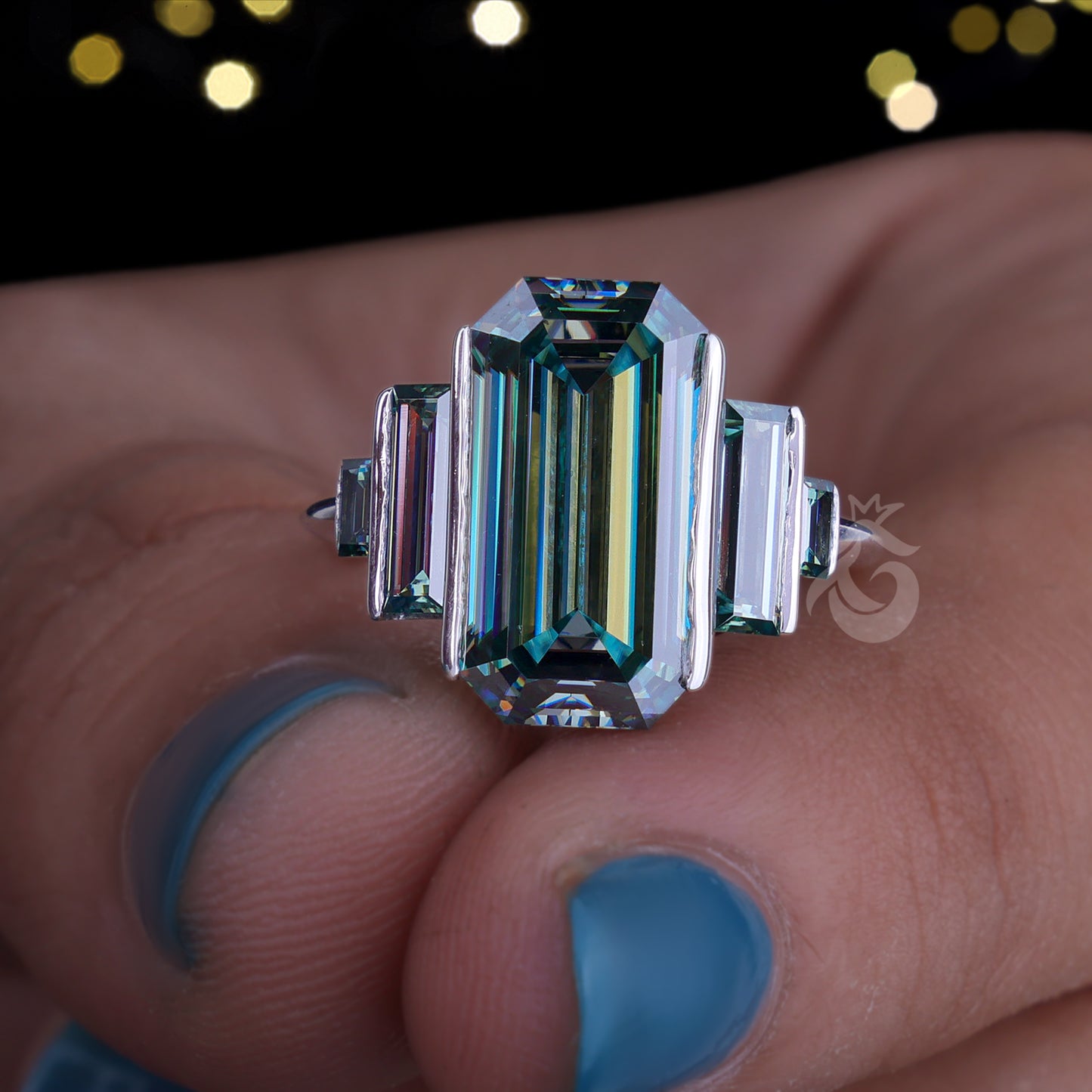 Emerald & Baguette Green Moissanite Ring – 925 Art Deco Five-Stone Engagement Ring