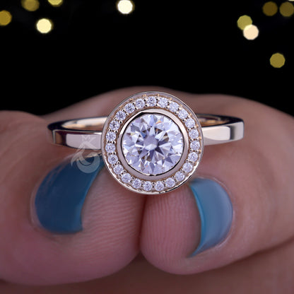 1CT Round Halo Moissanite Engagement Ring, 14K Yellow Gold Bezel Set Ring, Promise Ring, Wedding Ring for Her