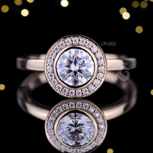 1CT Round Halo Moissanite Engagement Ring, 14K Yellow Gold Bezel Set Ring, Promise Ring, Wedding Ring for Her