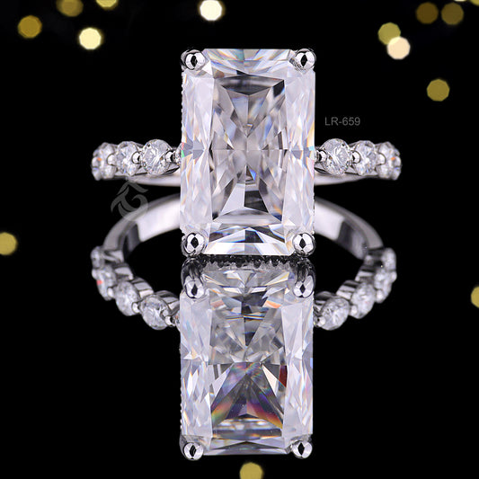 14K White Gold Radiant & Round Cut Moissanite Engagement Ring, 8.54 TCW Hidden Halo Solitaire Wedding Ring, Anniversary Gift