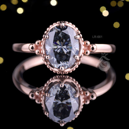 Antique Oval Gray Moissanite Ring – 14K Rose Gold Mil grain Bezel Set Solitaire Engagement Ring