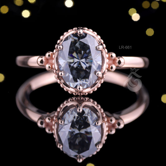 Antique Oval Gray Moissanite Ring – 14K Rose Gold Mil grain Bezel Set Solitaire Engagement Ring