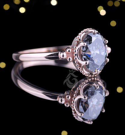 Antique Oval Gray Moissanite Ring – 14K Rose Gold Mil grain Bezel Set Solitaire Engagement Ring