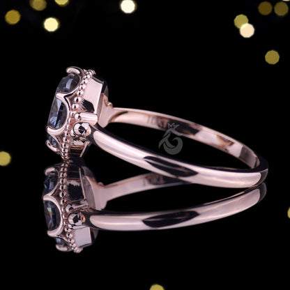 Antique Oval Gray Moissanite Ring – 14K Rose Gold Mil grain Bezel Set Solitaire Engagement Ring
