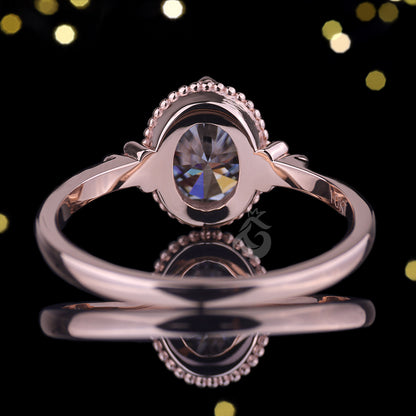 Antique Oval Gray Moissanite Ring – 14K Rose Gold Mil grain Bezel Set Solitaire Engagement Ring