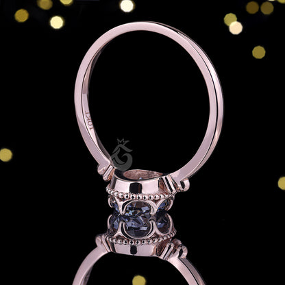 Antique Oval Gray Moissanite Ring – 14K Rose Gold Mil grain Bezel Set Solitaire Engagement Ring