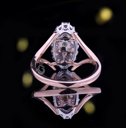 Celebrity Style Victorian Wedding Ring, 1.15 TCW OEC Moissanite Oval Cluster Ring, Two-Tone Anniversary Ring