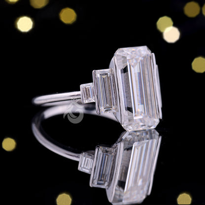 Antique Emerald Moissanite Engagement Ring, 14K White Gold, Long Emerald & Baguette Five Stone Wedding Ring