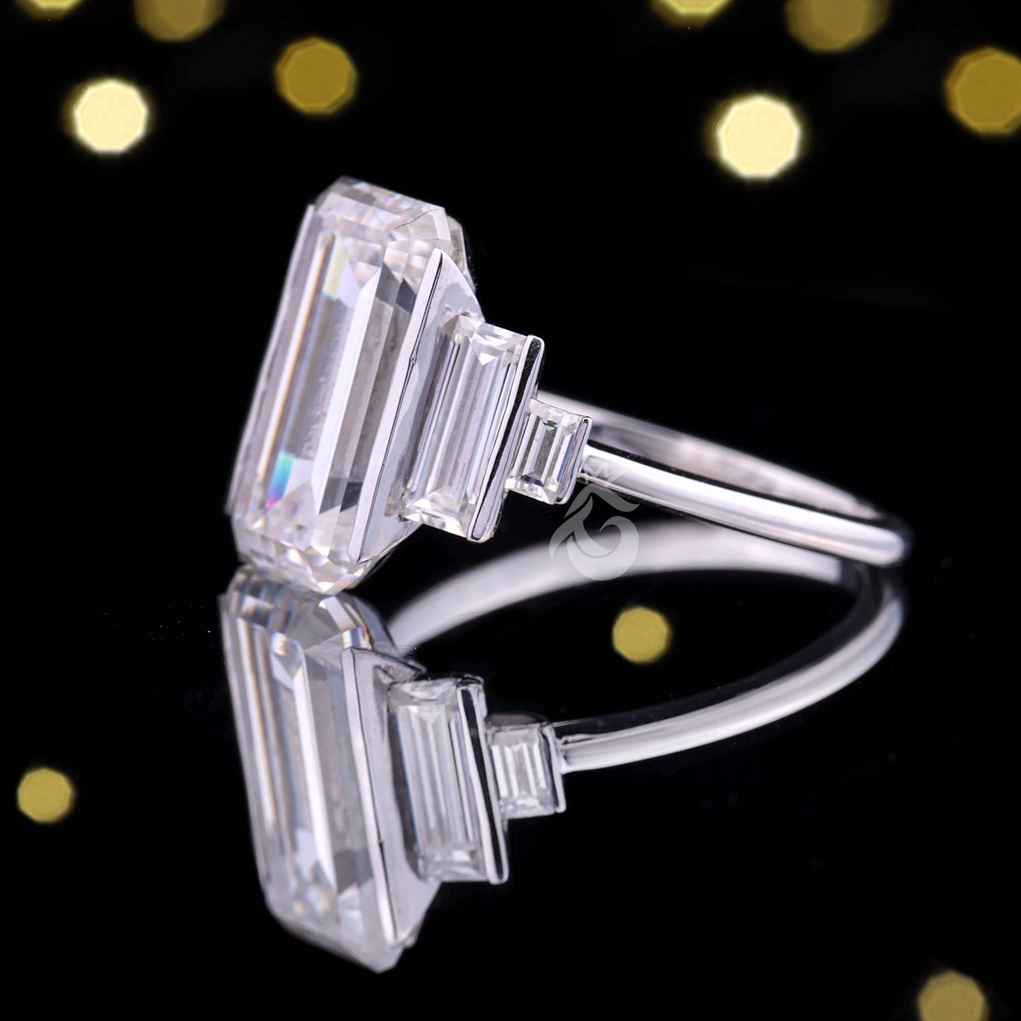 Antique Emerald Moissanite Engagement Ring, 14K White Gold, Long Emerald & Baguette Five Stone Wedding Ring