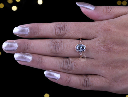 Antique Oval Gray Moissanite Ring – 14K Rose Gold Mil grain Bezel Set Solitaire Engagement Ring