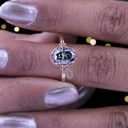 Antique Oval Gray Moissanite Ring – 14K Rose Gold Mil grain Bezel Set Solitaire Engagement Ring