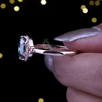Antique Oval Gray Moissanite Ring – 14K Rose Gold Mil grain Bezel Set Solitaire Engagement Ring