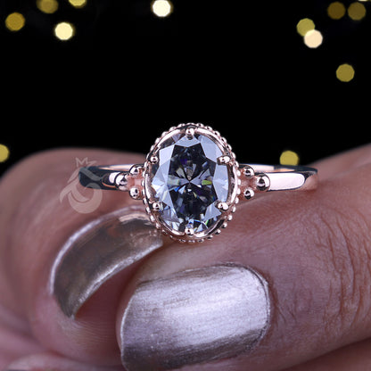 Antique Oval Gray Moissanite Ring – 14K Rose Gold Mil grain Bezel Set Solitaire Engagement Ring