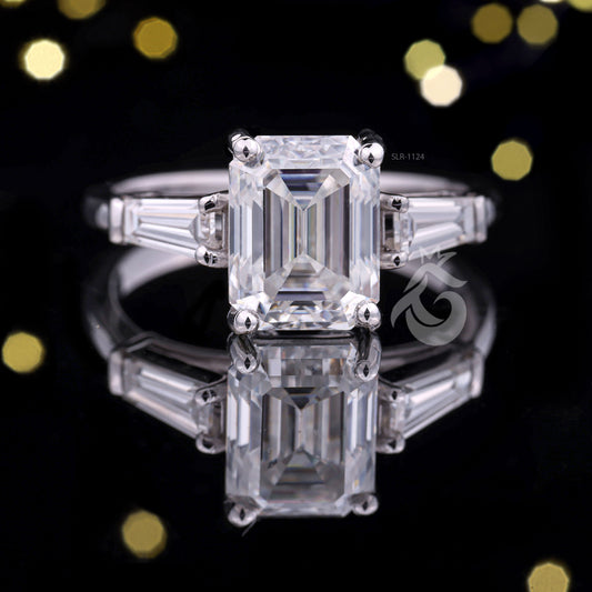 2.56 CT Emerald Cut Moissanite Three Stone Ring, Tapered Baguette Engagement Ring, Wedding & Anniversary Ring